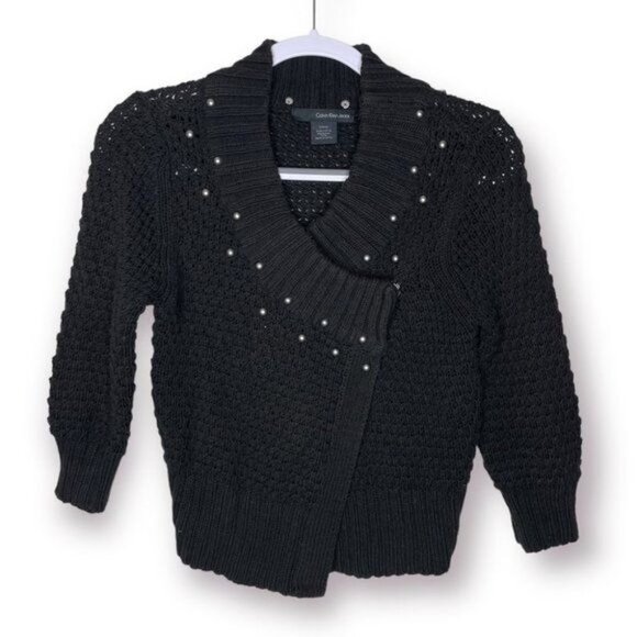 Calvin Klein Jeans Size S Black V Neck Knit Silver Pearl Studded Wrap Cardigan - Picture 1 of 10
